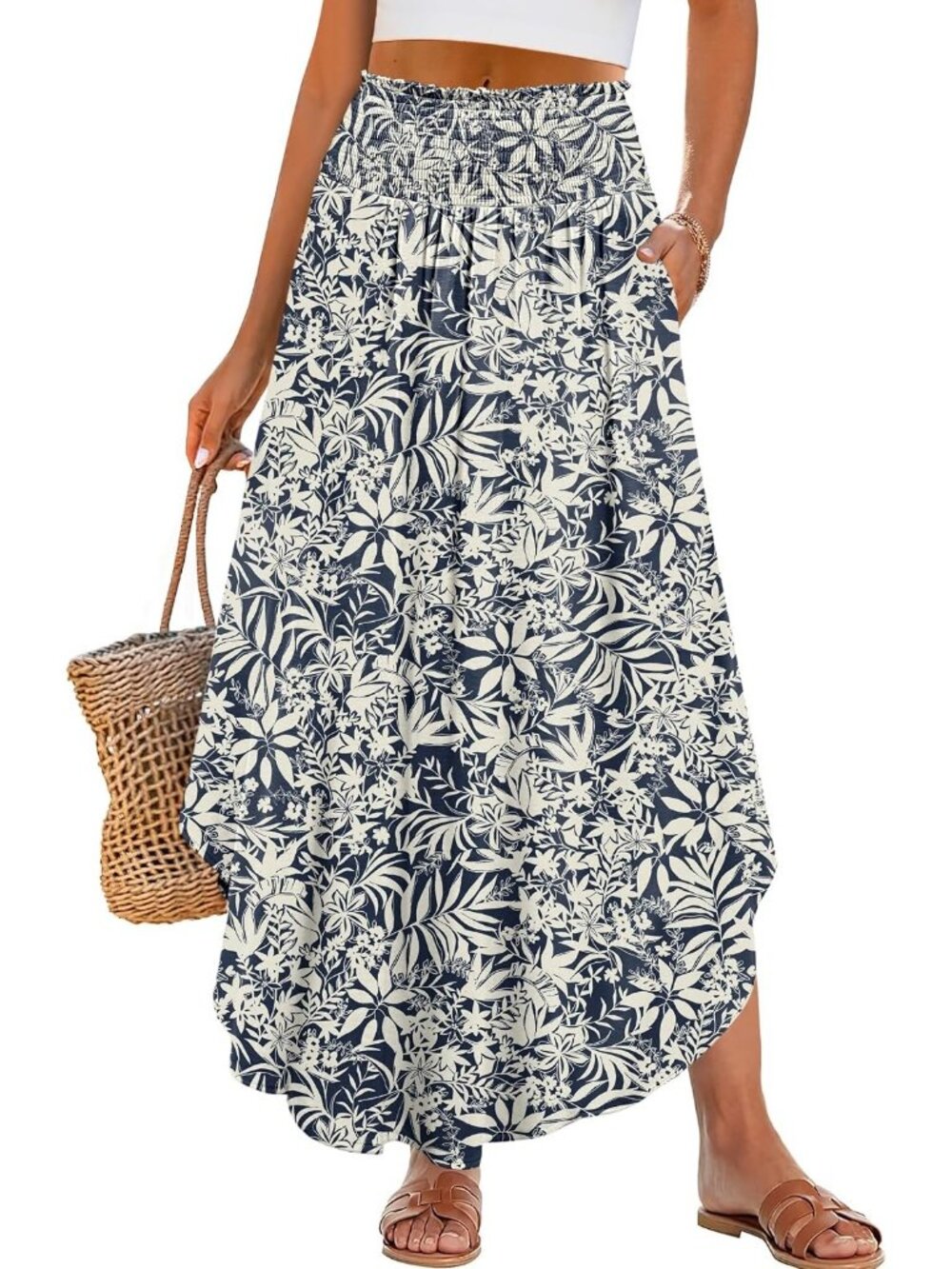 Women's Boho Floral Leaves High Waisted Smocked Flowy Pocket Maxi Skirt